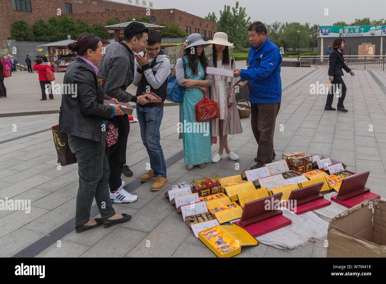 Les clients à faire leurs achats pour les répliques de guerriers de terre cuite dans un magasin près de l'Empereur Qinshihuang mausolée du musée du site de Xi'an, ville du nord-ouest de la Chine Sh Banque D'Images