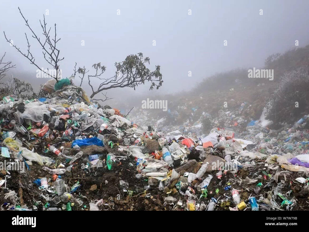 Les ordures laissées par les touristes indisciplinés est représentée dans Niubei Mountain, également connu sous le nom de bétail Mountain, dans le comté de Yingjing, Ya'an city, au sud-ouest de la Chine Banque D'Images