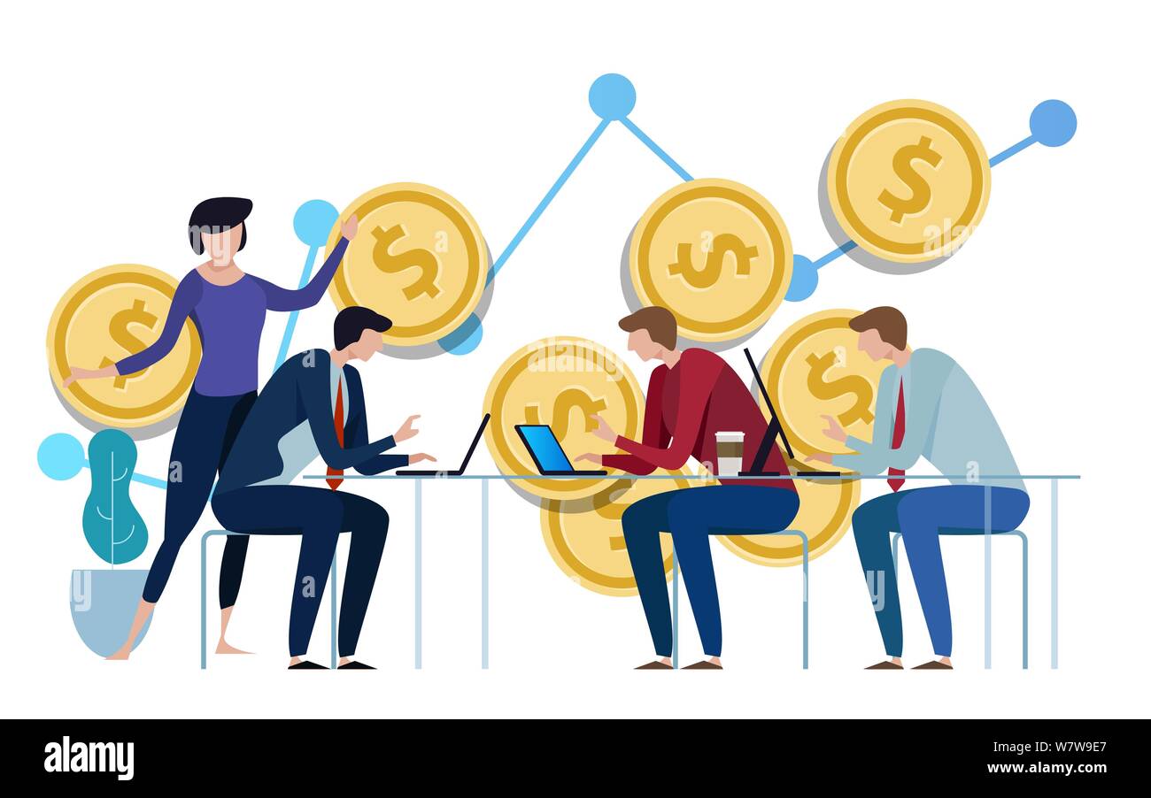 La gestion des placements. Les gens d'affaires de discuter les tableaux et graphiques présentant les résultats de leur travail d'équipe réussi Illustration de Vecteur