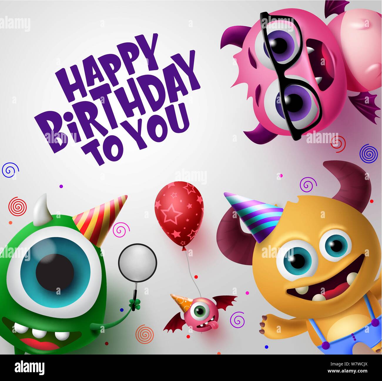 Joyeux Anniversaire Carte De Souhaits Avec Mignon Vecteur Creature Monstres Background Design Joyeux Anniversaire Texte Presentant De L Espace Vide De Message Image Vectorielle Stock Alamy