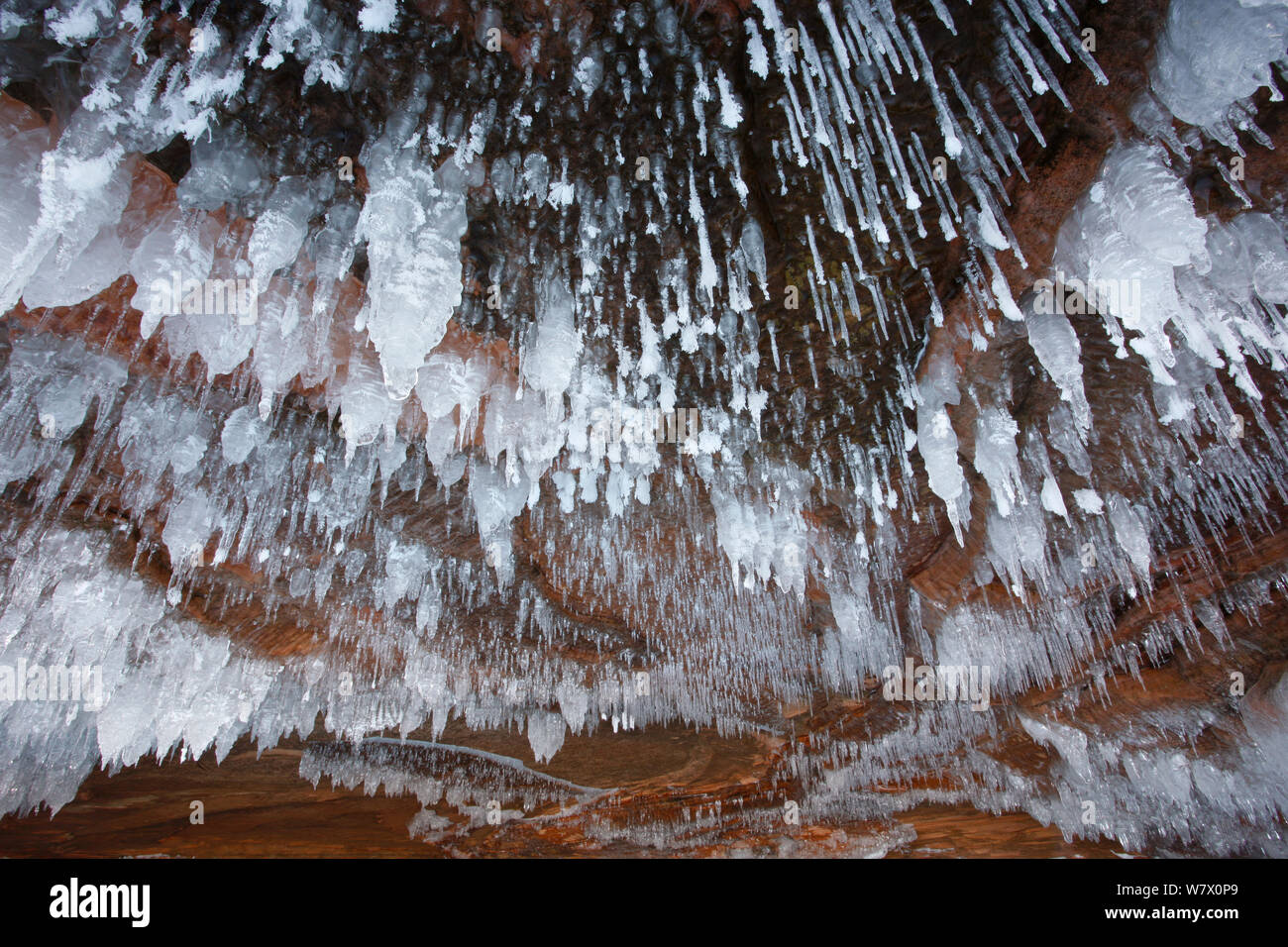 Grès Glaçons pendant de plafond dans la grotte de la mer, îles Apostle National Lakeshore, lac Supérieur, Squaw Bay (Wisconsin), janvier 2014. Banque D'Images