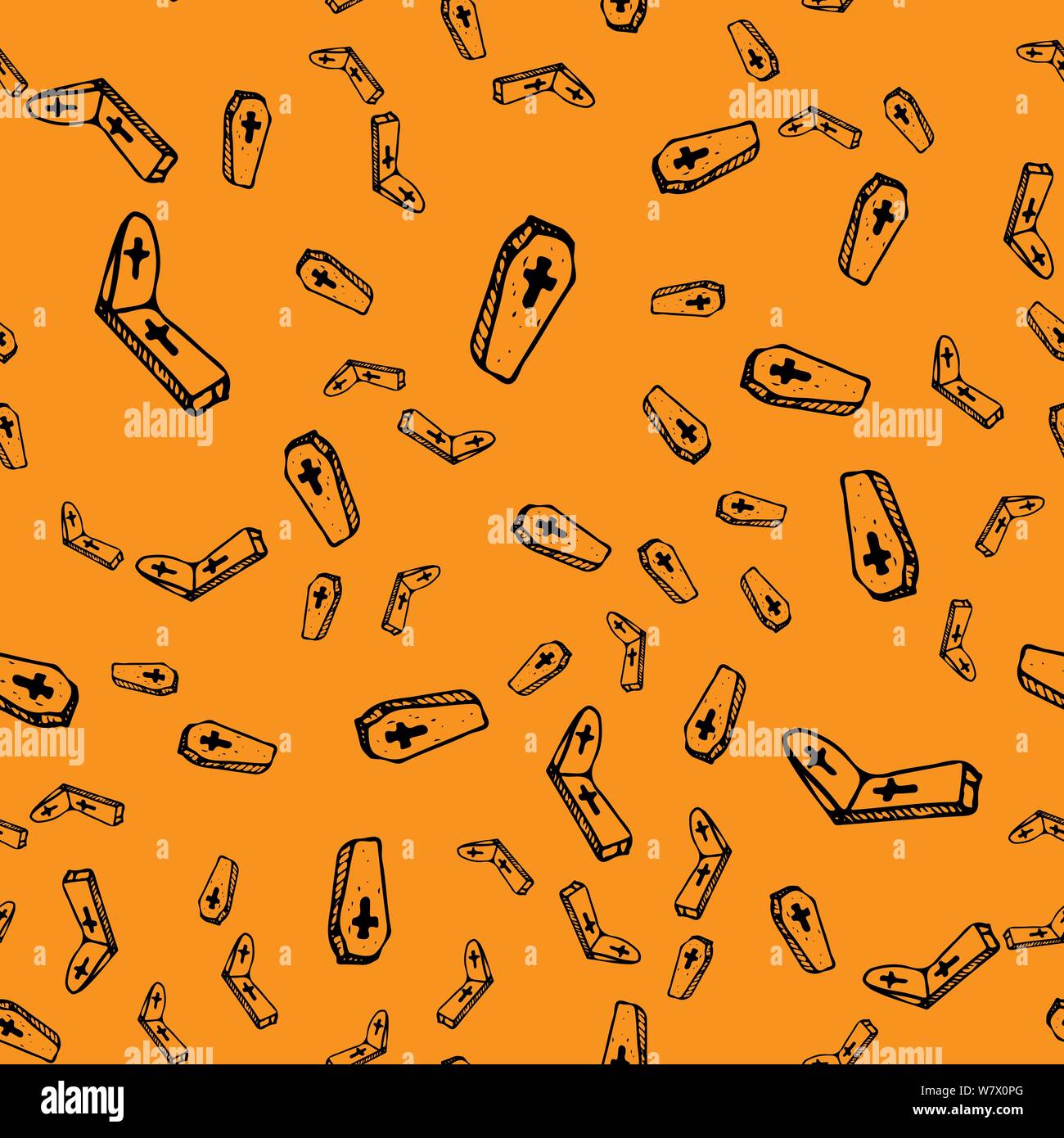 La pierre tombale et Halloween croquis sans cercueil contour. La pierre tombale et Halloween coffin contour transparent dans un style dessiné à la main. Récolte octobre background Illustration de Vecteur