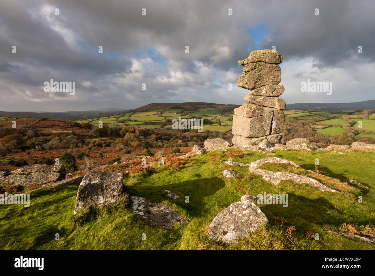 Bowerman&# 39;s le nez dans la lumière du soir, nr Manaton, Dartmoor National Park, Devon, UK. Novembre 2013. Banque D'Images