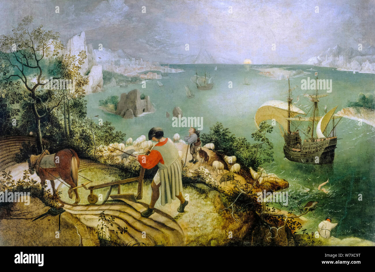 Cercle de Pierre Bruegel l'Ancien, paysage avec la chute d'Icare, peinture, vers 1558 Banque D'Images