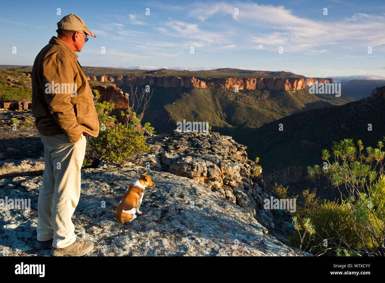 Farmer Willem van Wyk et son chien, à la recherche sur Oorlogskloof canyon. Au plus profond de la gorge est l'un des deux sites de nidification connus pour la disparition d'holothuries de Clanwilliam (Labeo seeberi). Papkuilsfontein ferme, Northern Cape, Afrique du Sud. Août 2013. Banque D'Images
