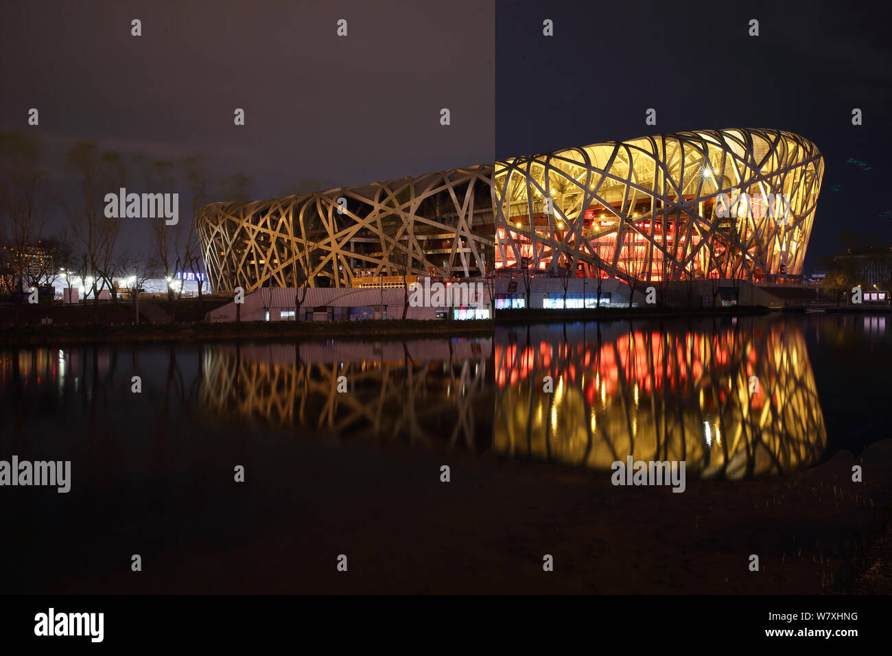 Cette photo composite présente le stade national de Beijing, également connu sous le nom de nid d'oiseau, avant (à droite) et au cours de la campagne l'heure de la Terre à Beijing, Chin Banque D'Images
