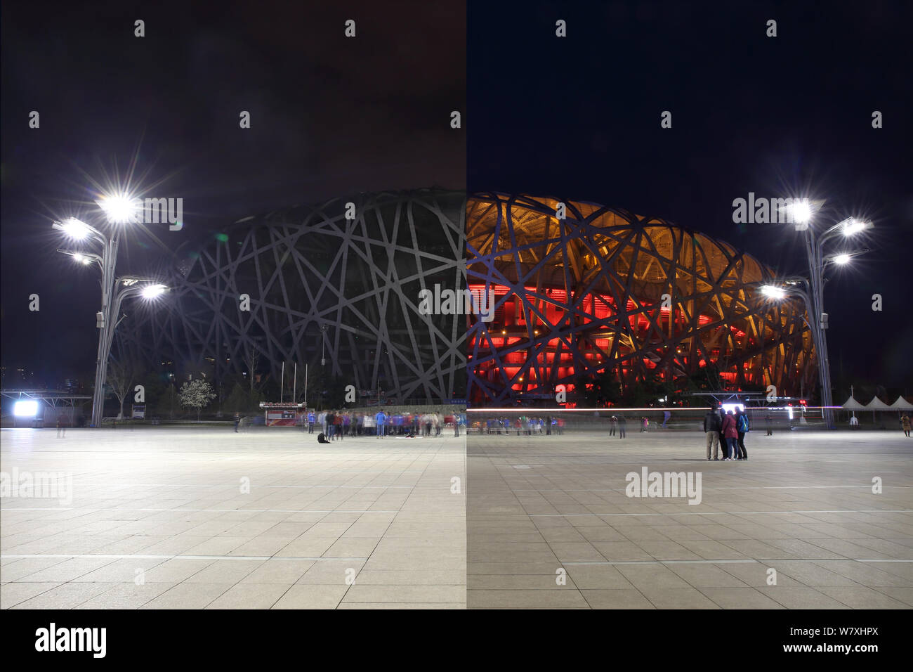 Cette photo composite présente le stade national de Beijing, également connu sous le nom de nid d'oiseau, avant (à droite) et au cours de la campagne l'heure de la Terre à Beijing, Chin Banque D'Images