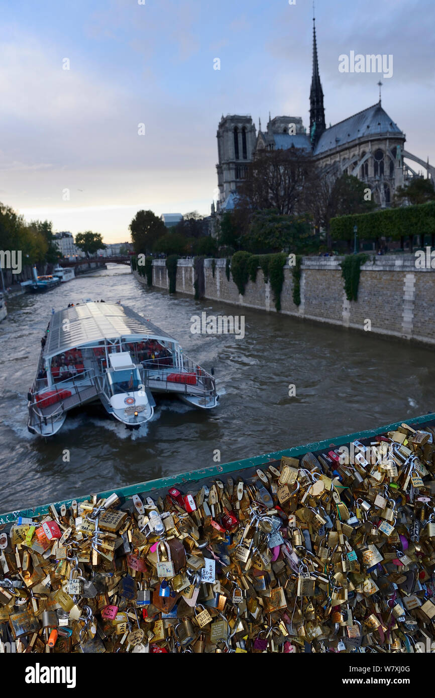 Cadenas sur le Pont de l&# 39;Archeveche bridge et cathédrale Notre-Dame, avec voile en passant, Paris, France, octobre 2013. Banque D'Images