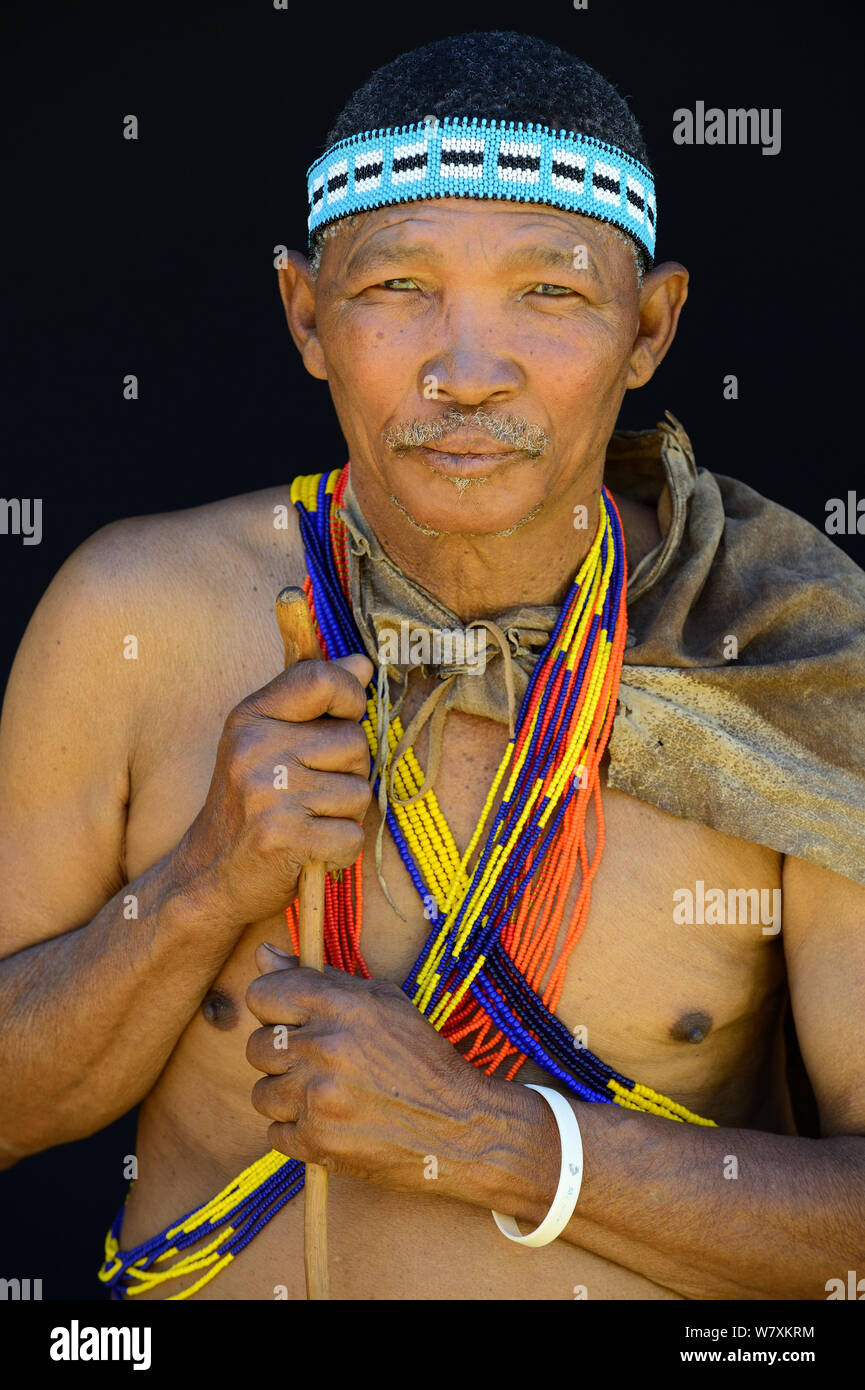 Portrait de Naro San Bushman portant des vêtements traditionnels et bandeau, Kalahari, région de Ghanzi, Botswana, l'Afrique. Octobre 2014. Banque D'Images