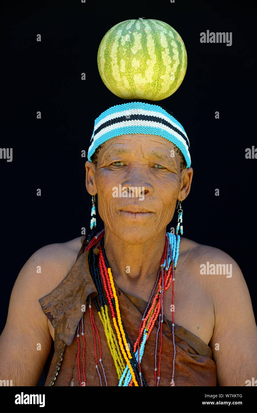 Portrait de Naro San femme portant des vêtements traditionnels et de l'équilibrage, bandeau sur la tête de courge, Kalahari, région de Ghanzi, Botswana, l'Afrique. Octobre 2014. Banque D'Images