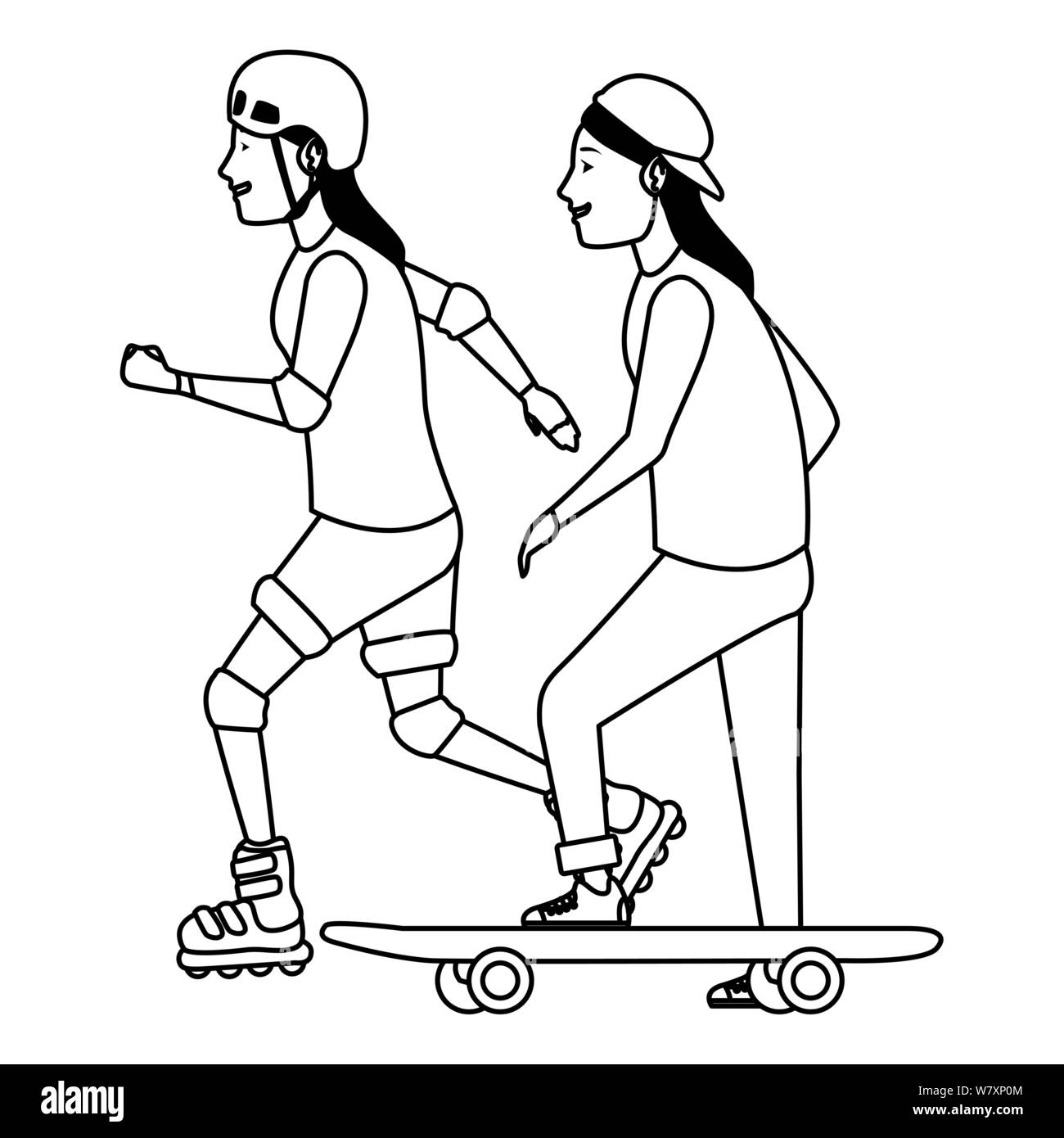 Les jeunes sur planche et patins en noir et blanc Illustration de Vecteur