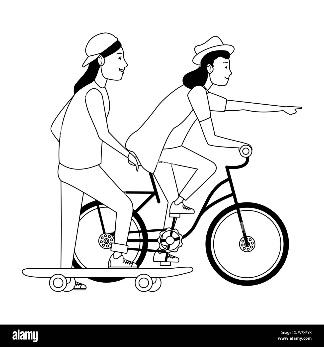 Les jeunes avec le vélo et du skateboard en noir et blanc Illustration de Vecteur