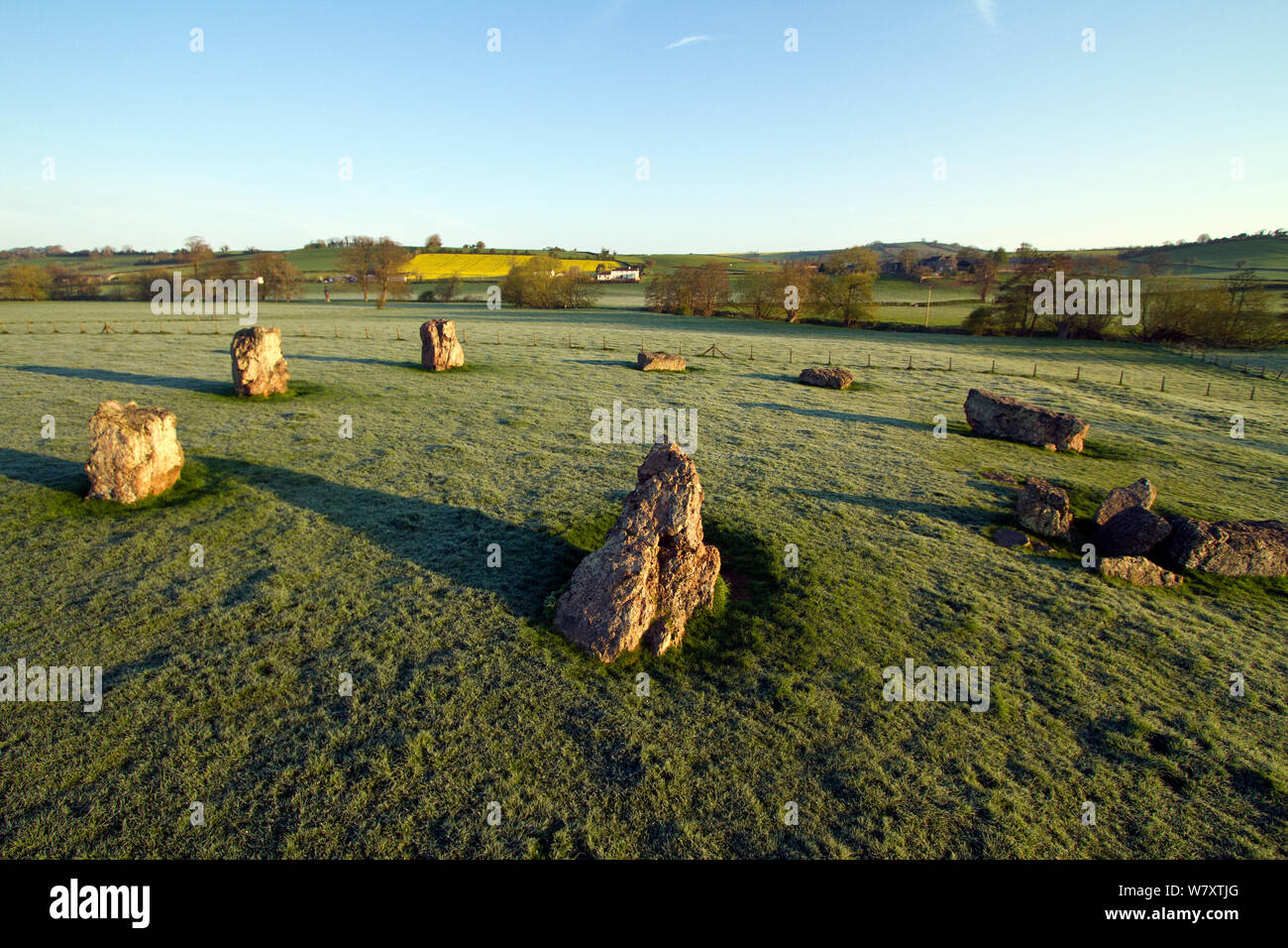 Cercle de pierres néolithiques, partie de henge monument de Stanton Drew près de Bristol, Somerset, UK, avril 2014. Banque D'Images