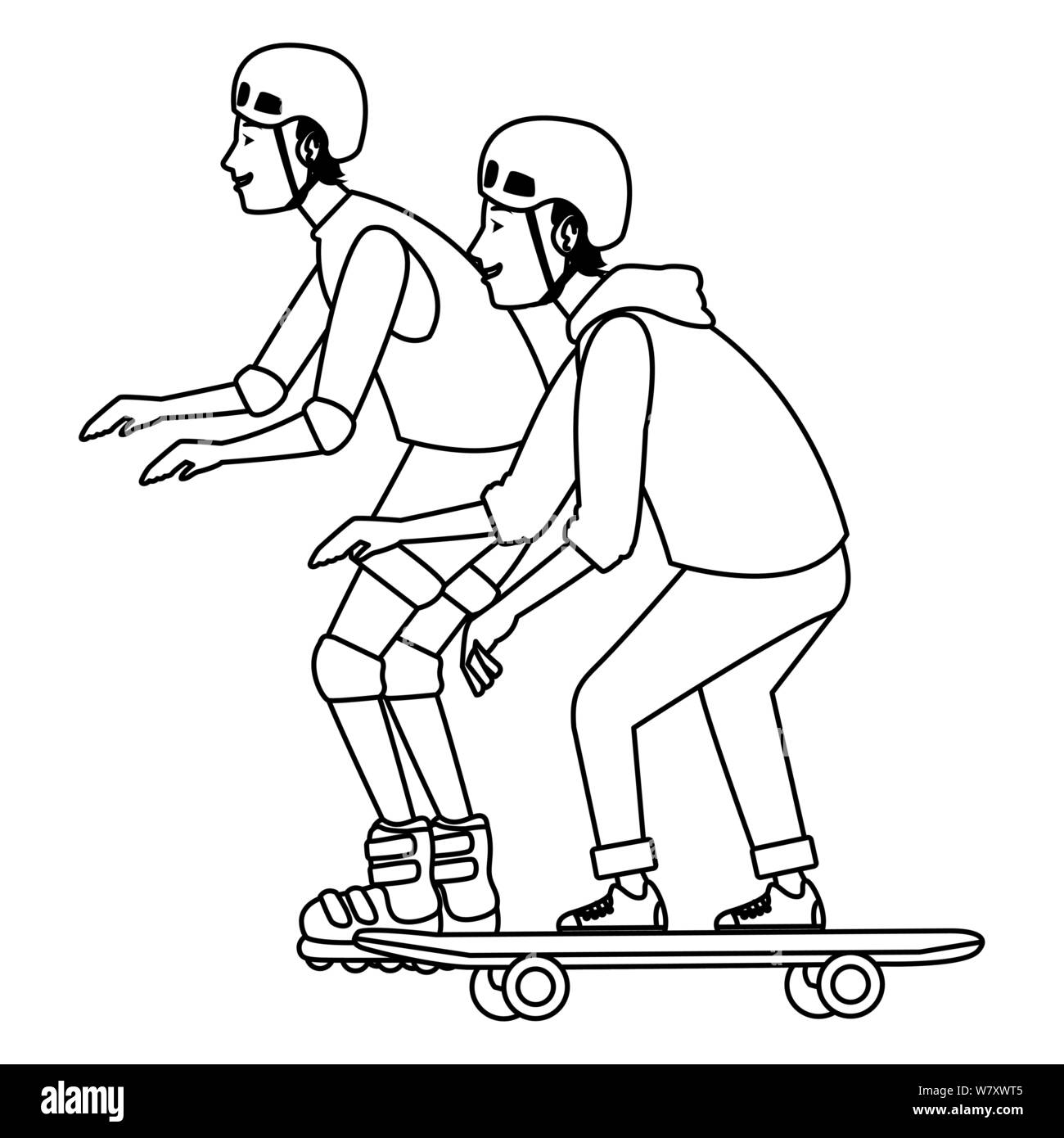 Les jeunes sur planche et patins en noir et blanc Illustration de Vecteur