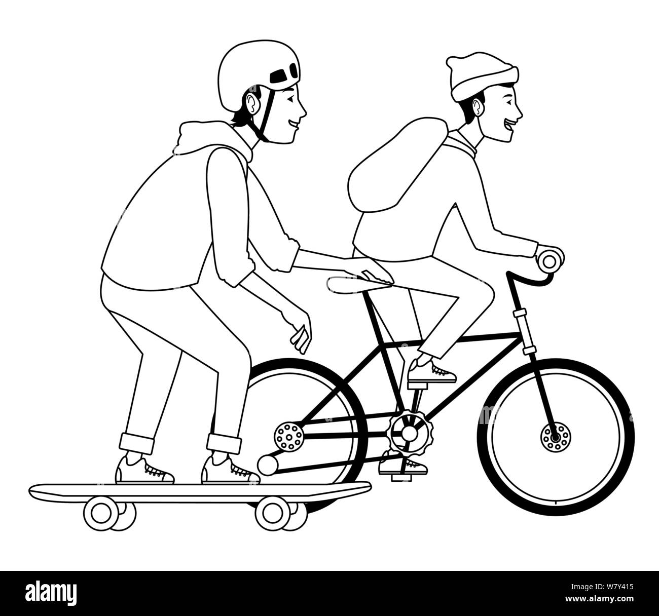 Les jeunes avec le vélo et du skateboard en noir et blanc Illustration de Vecteur