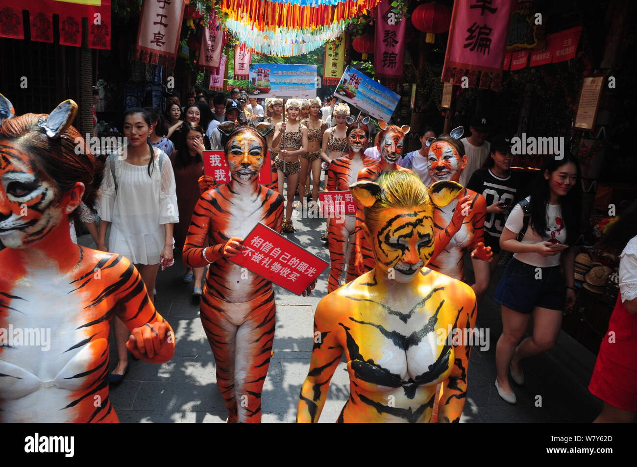Les modèles chinois avec tiger peintures corporelles parade à Sanya Zoo couleur le jour de la femme dans la ville de Sanya, province de Hainan en Chine du Sud, 8 mars 2017. Un grou Banque D'Images