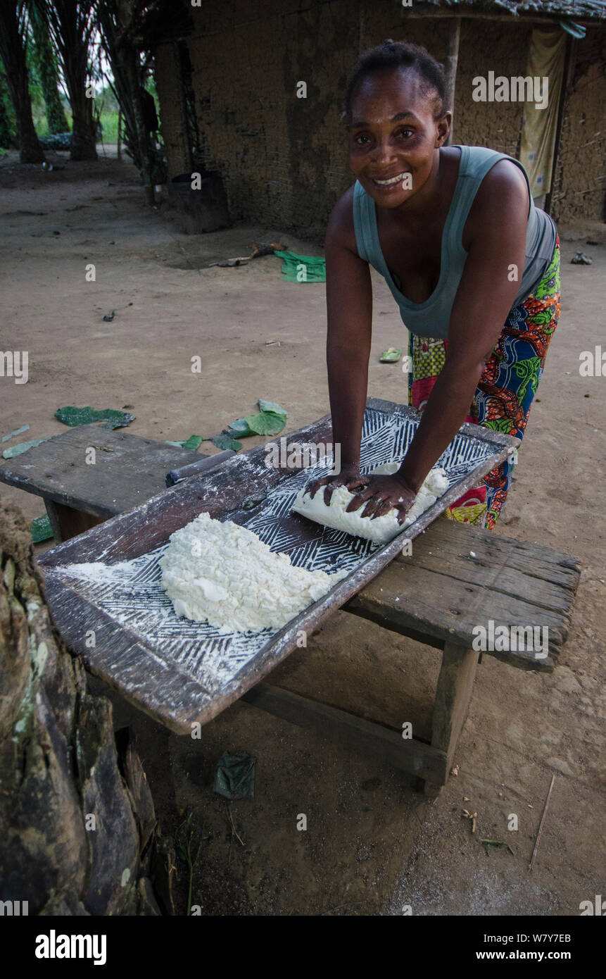 Pétrir la pâte de manioc femme, République du Congo (Congo-Brazzaville), l'Afrique, juin 2013. Banque D'Images