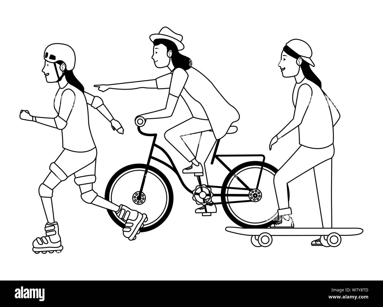 Les jeunes personnes avec sakteboard, patins et vélos en noir et blanc Illustration de Vecteur