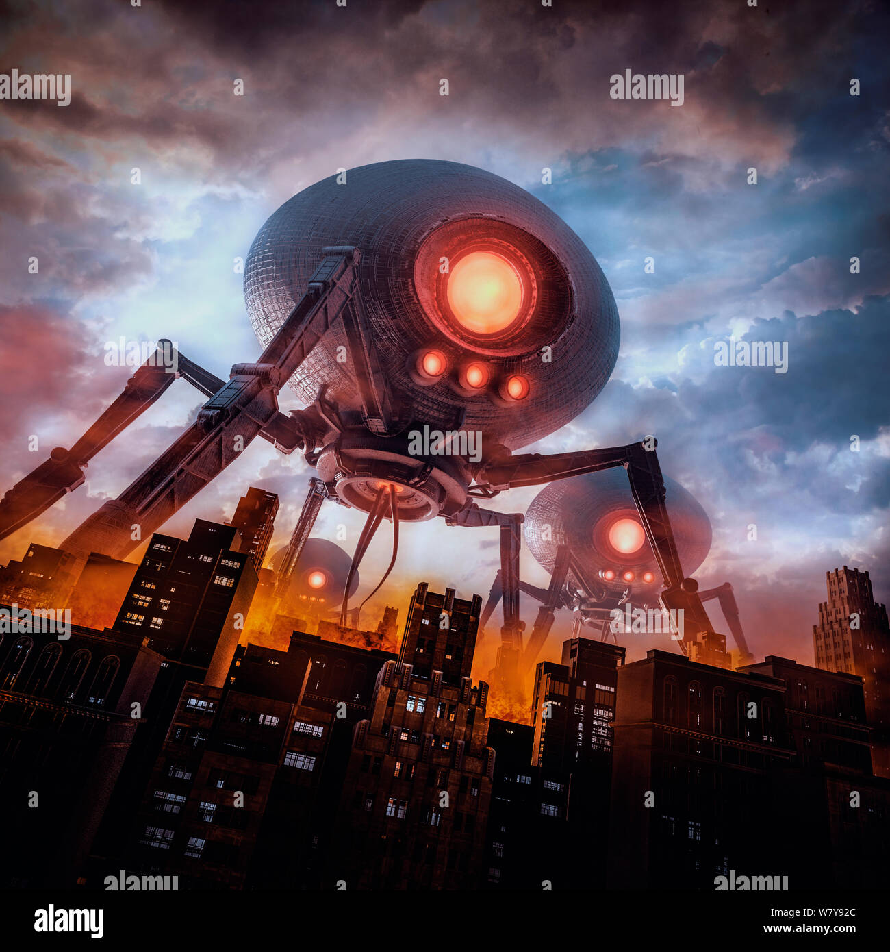 La veille de l'invasion / 3D illustration de la science-fiction rétro avec scène machines exotiques géant attaquant city Banque D'Images