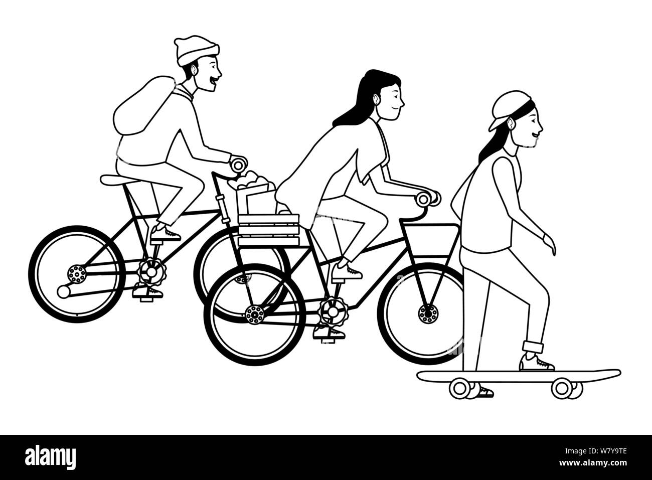 Les gens avec des vélos et du skateboard en noir et blanc Illustration de Vecteur