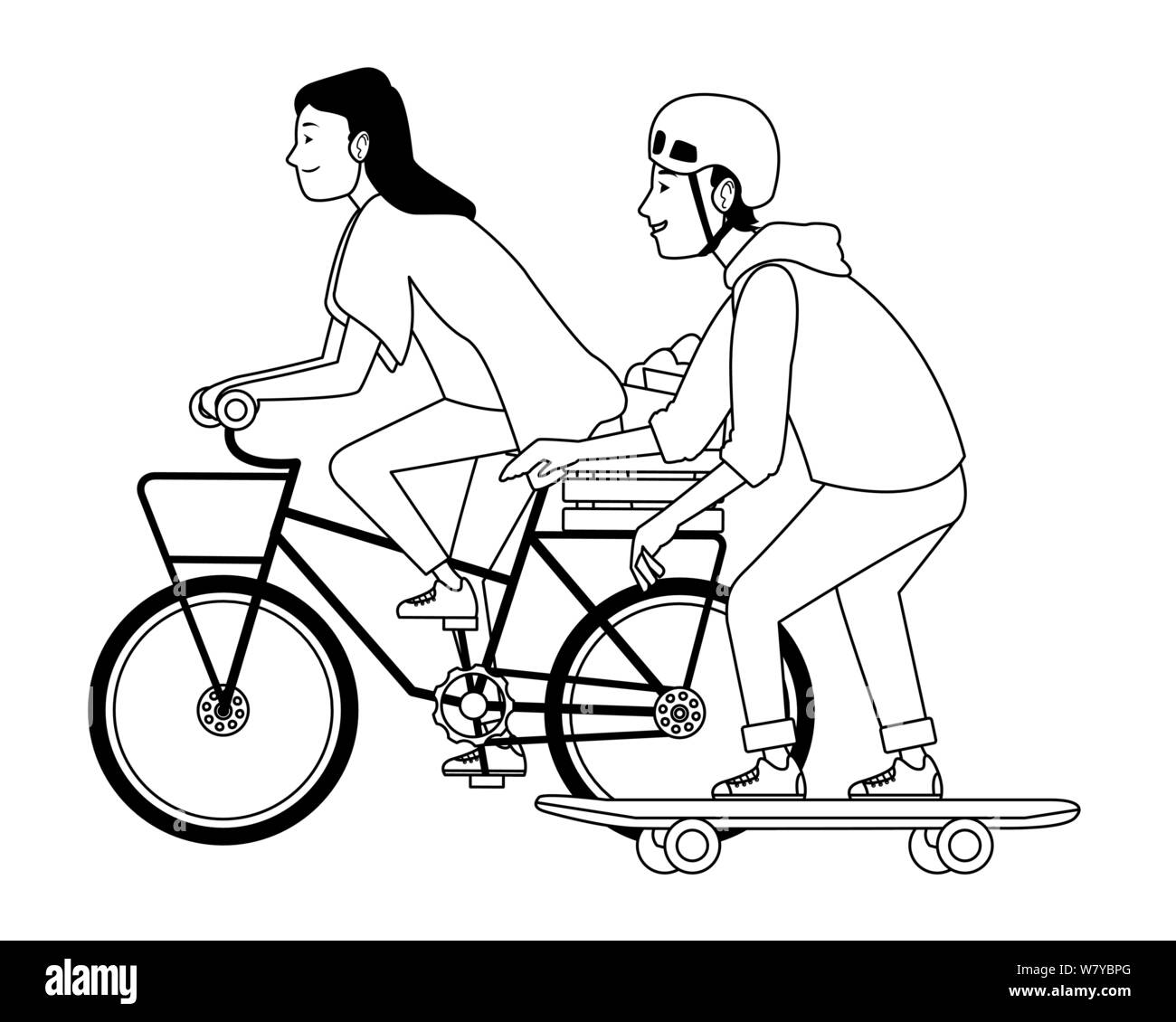 Les jeunes avec le vélo et du skateboard en noir et blanc Illustration de Vecteur