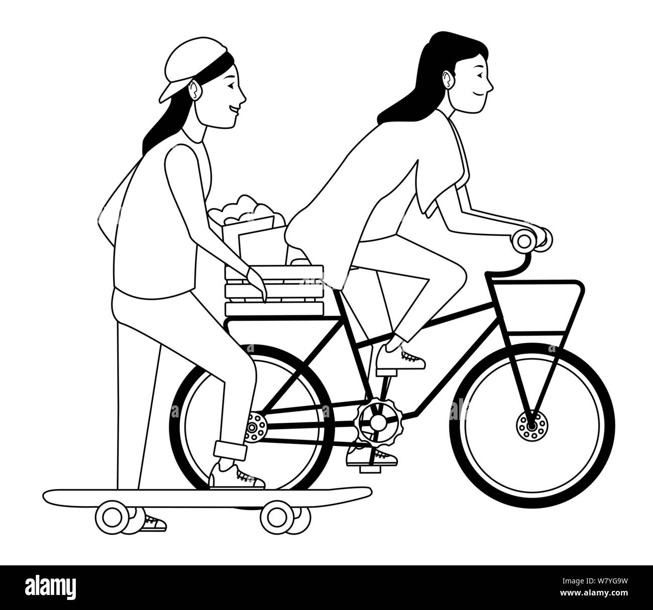 Les amis l'équitation avec skateboard et vélos en noir et blanc Illustration de Vecteur