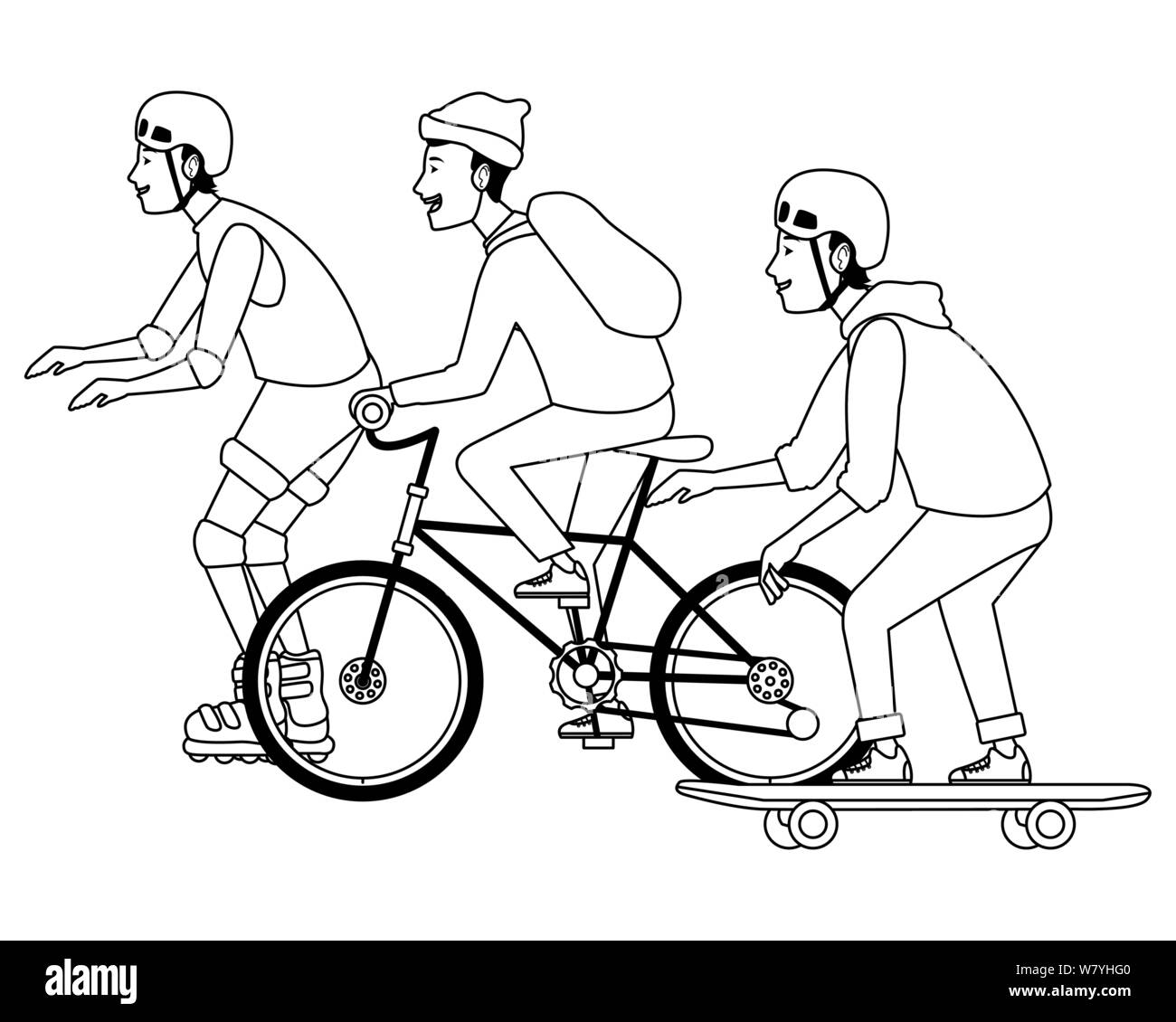 Les jeunes personnes avec sakteboard, patins et vélos en noir et blanc Illustration de Vecteur