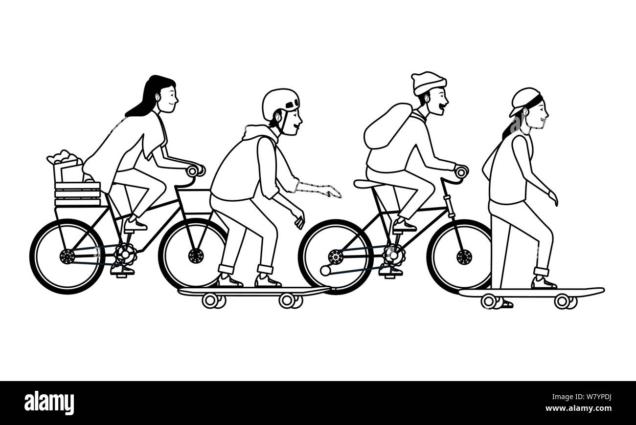 Les gens avec des vélos et du skateboard en noir et blanc Illustration de Vecteur