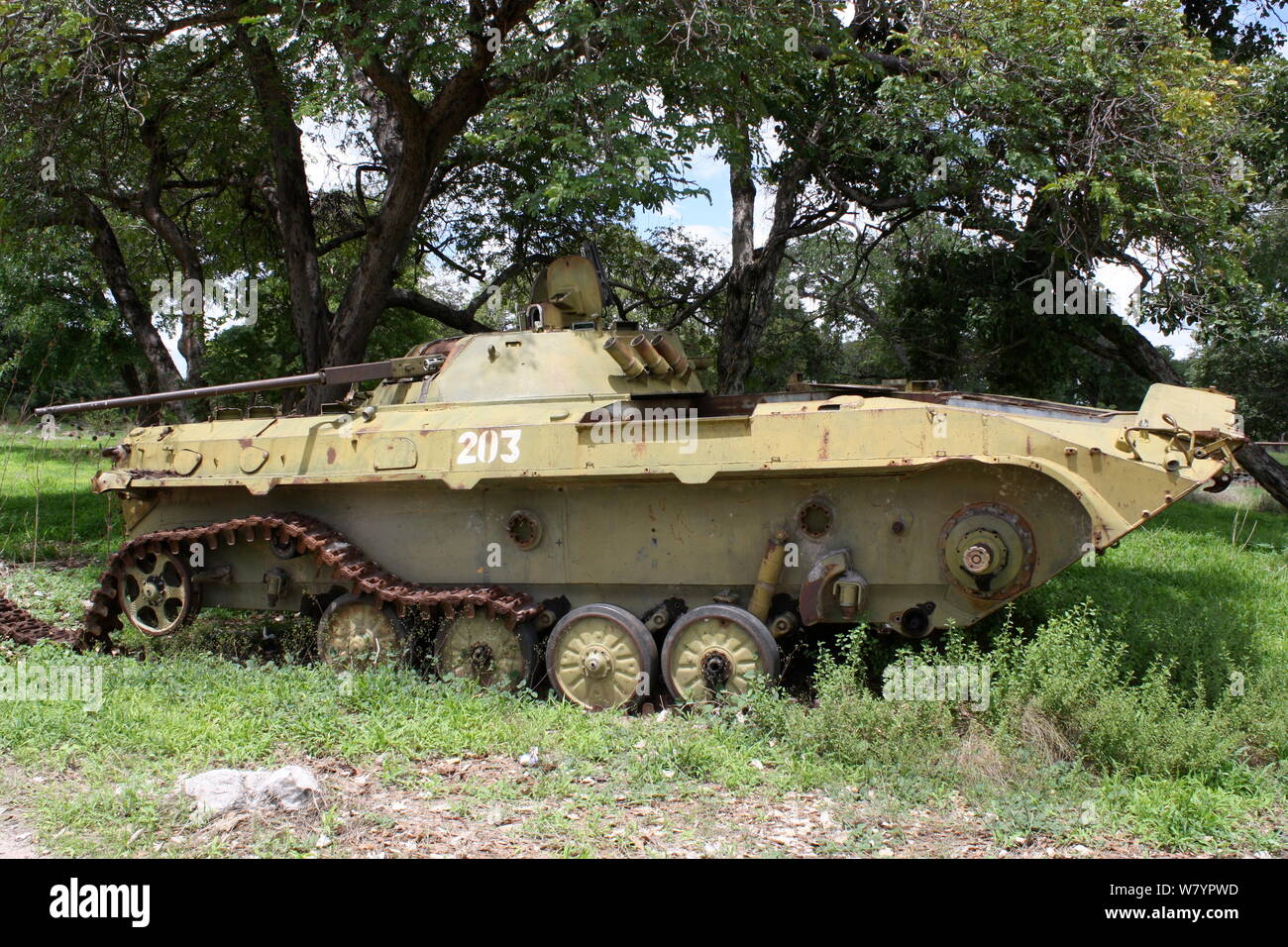 Tank abandonné de la guerre entre l'Afrique du Sud et la SWAPO, Bwabwata Conservancy, la Namibie. Banque D'Images