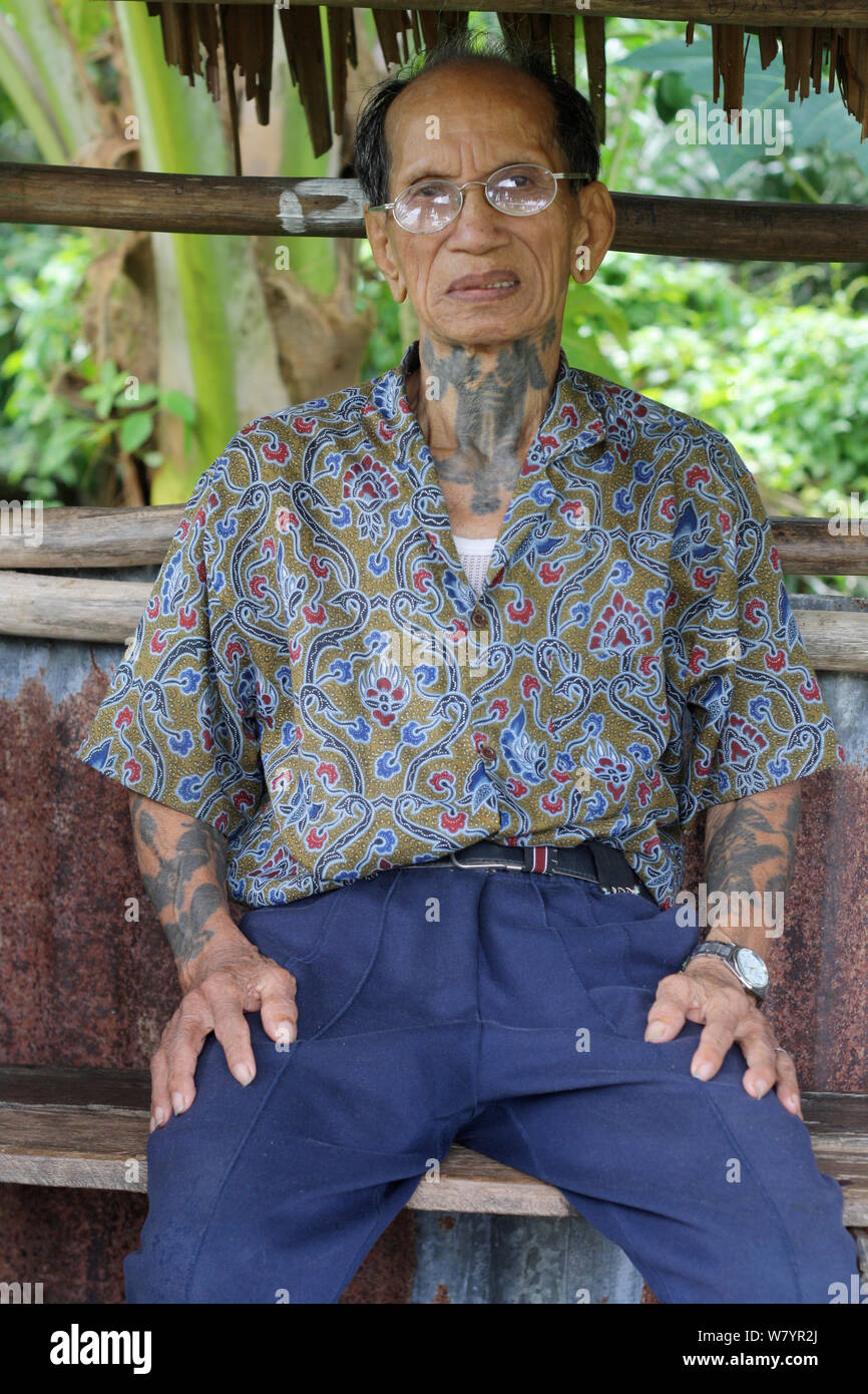 Headhunter Dayak avec tatouages traditionnels, Dayak, centre de Kalimantan, la partie indonésienne de Bornéo. Juin 2010. Banque D'Images