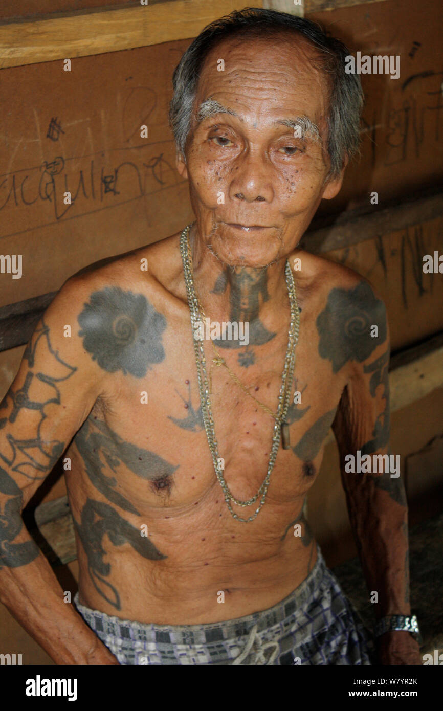 L'homme chasseur Dayak avec tatouages traditionnels, Dayak, centre de Kalimantan, la partie indonésienne de Bornéo. Juin 2010. Banque D'Images