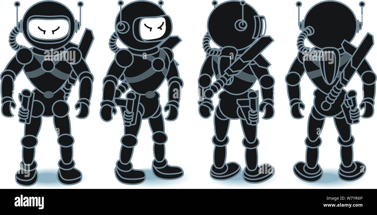 Spaceman exotiques ; délais d'avant, côté 3/4, 3/4 en arrière et l'arrière avec réservoir d'air côté pisttal & un fusil sur son dos Illustration de Vecteur