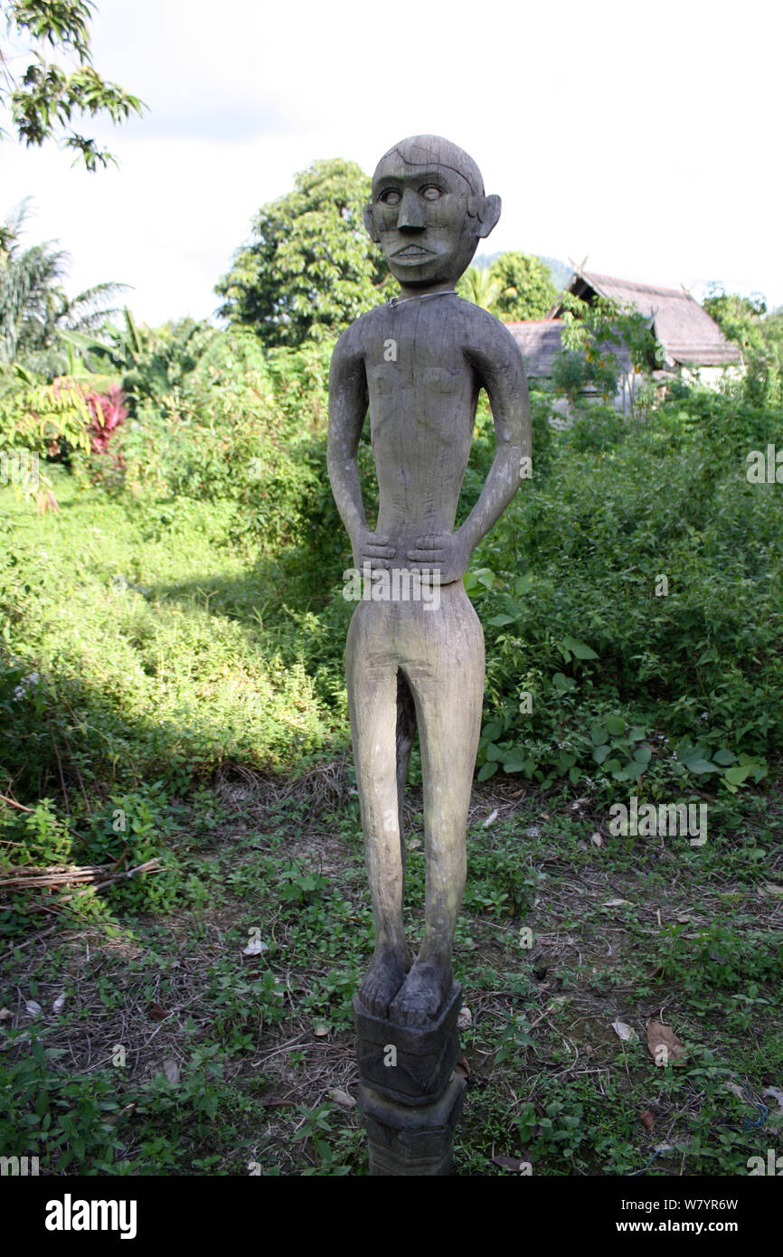 La figure ancestrale la sculpture en village, le sud de Kalimantan, la partie indonésienne de Bornéo. Août 2010. Banque D'Images