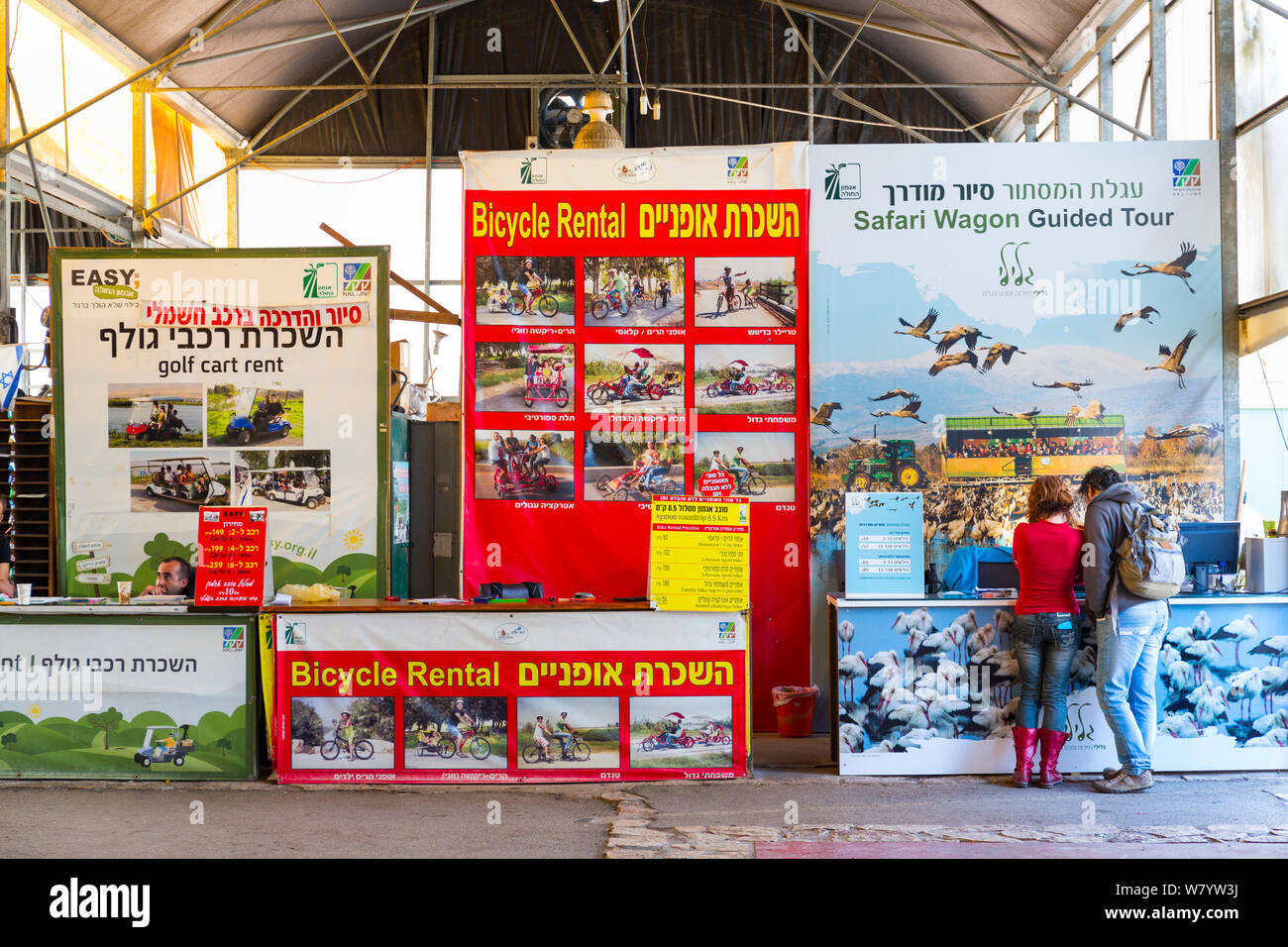 Location de vélos et de stands qui vendent des voyages, Vallée de Hula, Israël, novembre. Banque D'Images