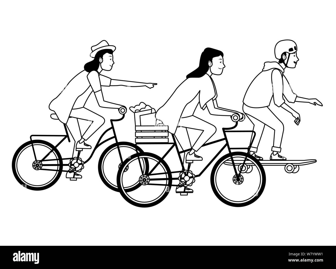 Les gens avec des vélos et du skateboard en noir et blanc Illustration de Vecteur