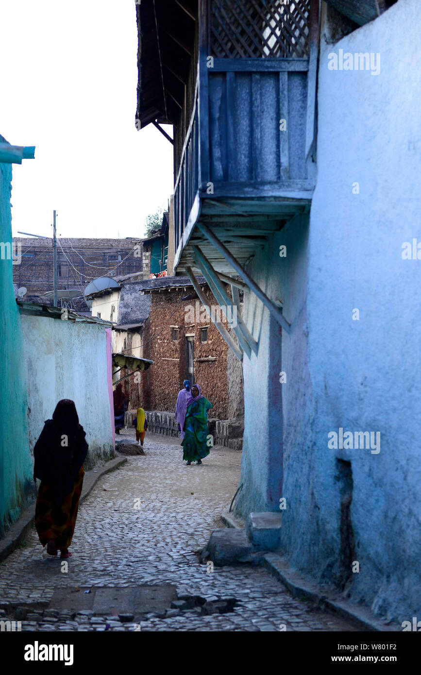 Femme musulmane marcher dans les rues étroites, à Harar, une importante ville sainte dans la foi islamique, UNESCO World Heritage Site. L'Éthiopie, Novembre 2014 Banque D'Images