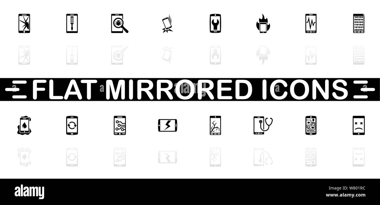 Réparation Smartphone icons - symbole noir sur fond blanc. Simple illustration. Icône vecteur plate. Reflet miroir d'ombre. Peut être utilisé en logo, site web, Illustration de Vecteur