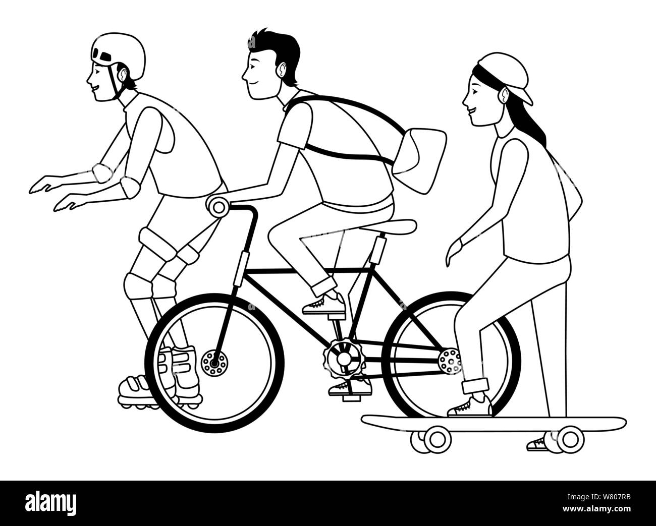 Les jeunes personnes avec sakteboard, patins et vélos en noir et blanc Illustration de Vecteur