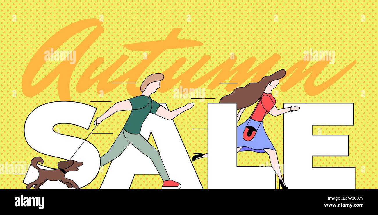 Vente d'automne bannière de promotion avec modèle d'exécution sur votre personne homme et femme et le chien. Illustration de l'affiche offre saison vectorielle Illustration de Vecteur