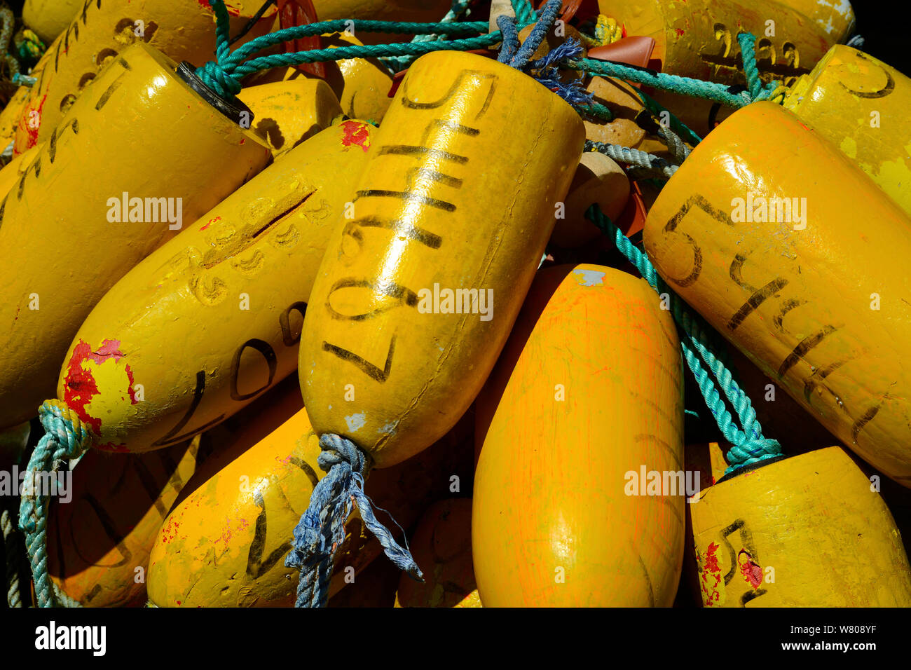 Flotteurs et bouées de casiers à crabes empilés sur un bateau de pêche commerciale dans une marina en Oregon USA Banque D'Images