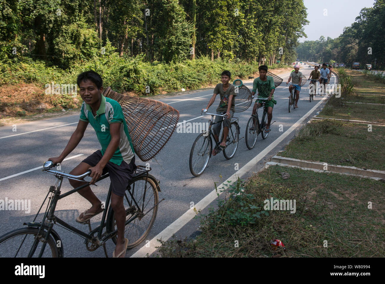Les hommes à vélo sur route avec des paniers de pêche sur le dos, de l'Assam, au nord-est de l'Inde, novembre 2014. Banque D'Images