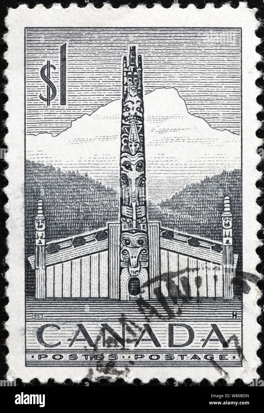 Totem indien sur timbre-poste canadien vintage Banque D'Images