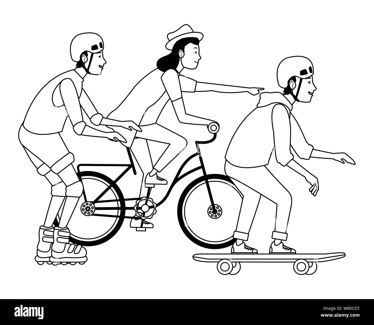 Les jeunes personnes avec sakteboard, patins et vélos en noir et blanc Illustration de Vecteur