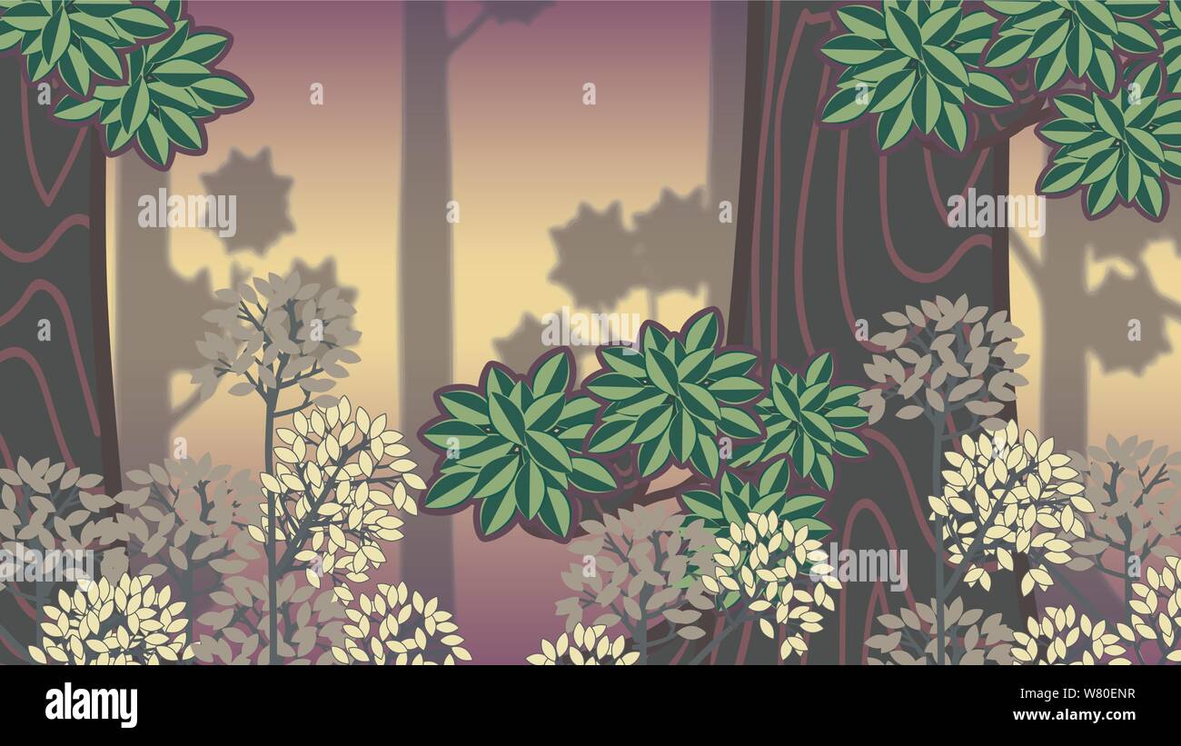 Fantasy Forest arrière-plan. De grands arbres, des boules de feuilles et de fleurs contre les mauvaises herbes. Illustration de Vecteur