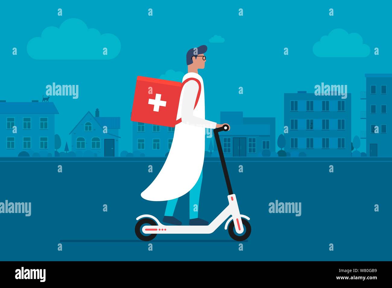 Pharmacie de livraison de médicaments. Jeune homme médecin en uniforme scooter électrique avec boîte sanitaire chirurgicale médicale de premiers soins dans la rue CityScape. Illustration Vector future des soins d'urgence Illustration de Vecteur