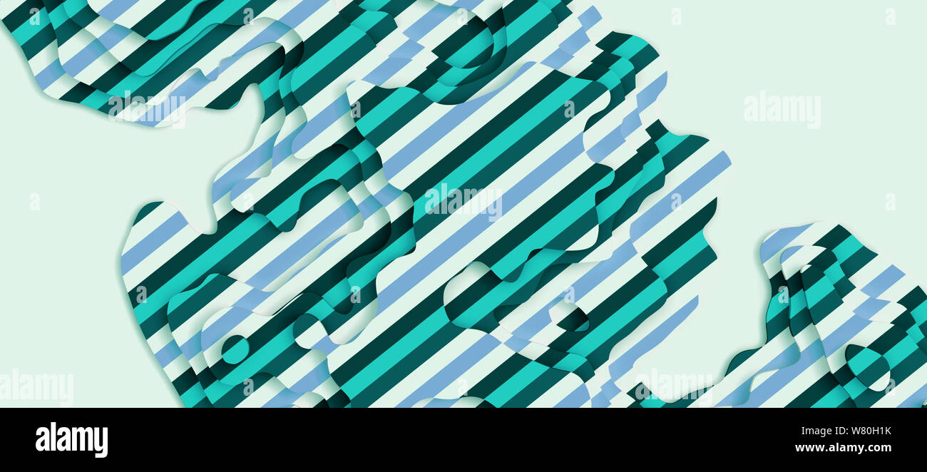 Paysage 3D Modèle de coupe de papier, de formes courbes avec rayures bleu vert, espace blanc, motif de lignes géométriques abstraits art illustration d'arrière-plan Banque D'Images