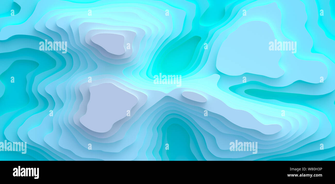 Large paysage 3D, modèle de coupe de papier, de formes courbes avec des dégradés bleu, lignes géométriques abstraits art de fond l'illustration pour la couverture, Banque D'Images