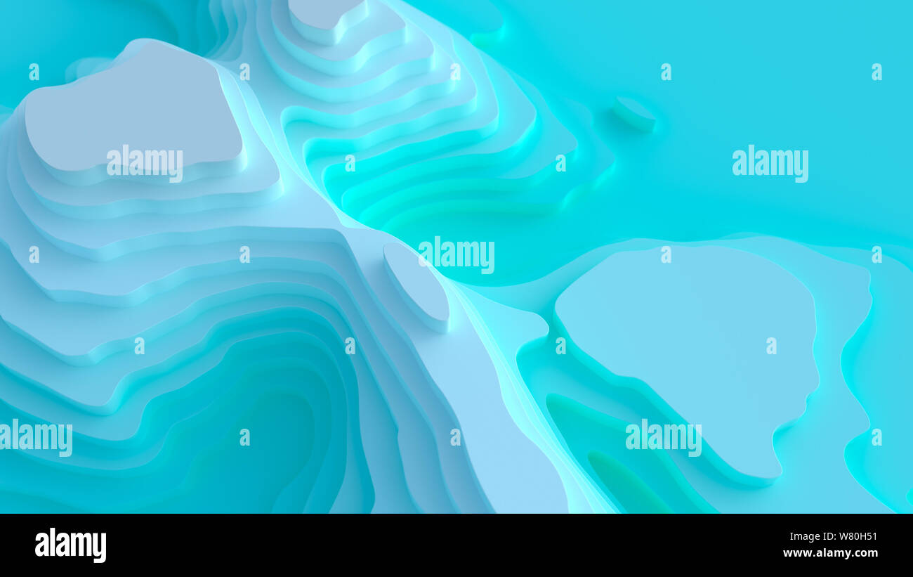 Paysage 3D Modèle de coupe de papier, de formes courbes avec des gradients de bleu, couleur de l'eau, de lignes géométriques abstraites motif de fond illustration art Banque D'Images