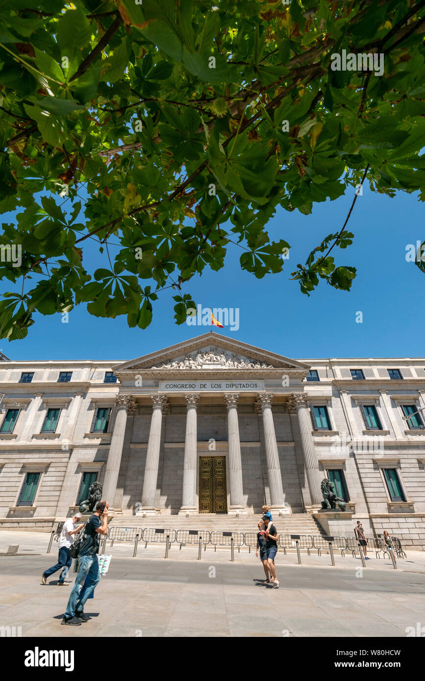 Vue verticale du Palacio de las Cortes de Madrid. Banque D'Images