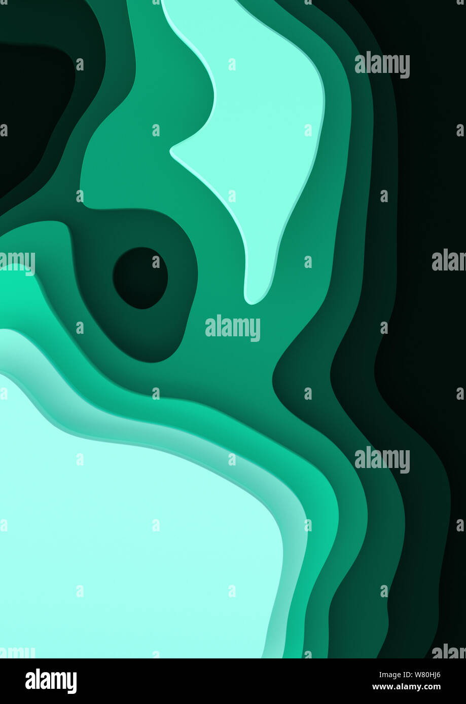 Une bannière verticale4 paysage 3D Modèle de coupe de papier, de formes courbes avec des gradients de bluegreen, espace blanc, motif de lignes géométriques abstraites de l'art d'arrière-plan Banque D'Images